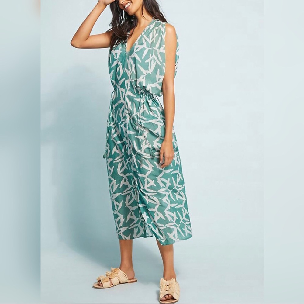 MIRTH Vana Silk Blend Tassel Drawstring Midi Caftan Dress